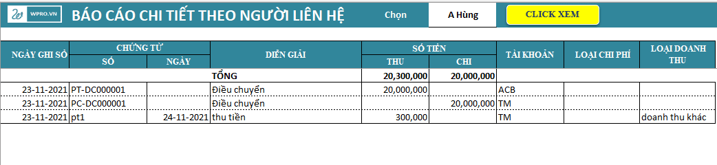 phần mềm quản lý thu chi doanh nghiệp bằng excel trọn đời, quản lý thu chi công ty nội bộ, Bao cao chi tiet nguoi lien he