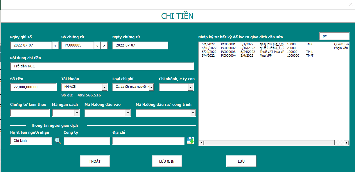 phần mềm quản lý thu chi doanh nghiệp bằng excel trọn đời, quản lý thu chi công ty nội bộ, chi tien mat