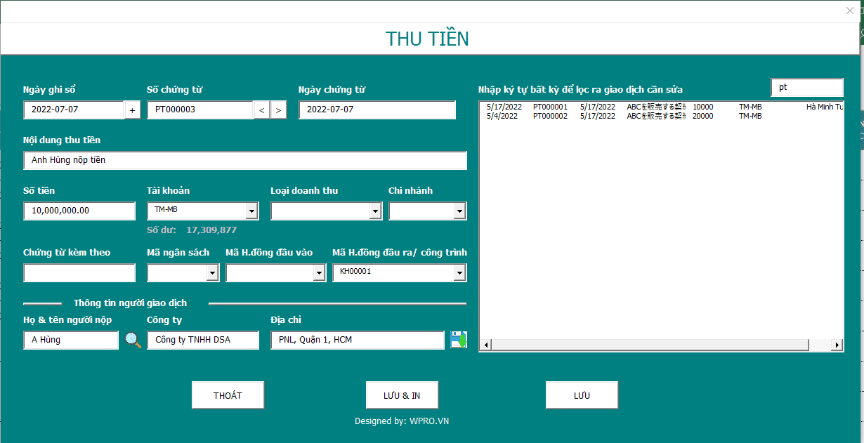 phần mềm quản lý thu chi doanh nghiệp bằng excel trọn đời, quản lý thu chi công ty nội bộ, thu tien mat